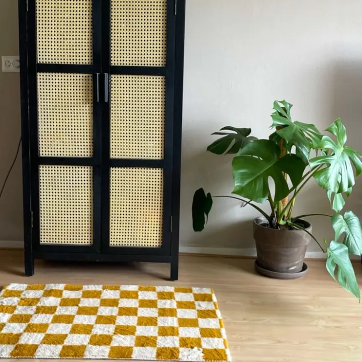 Xenos Vloerkleed checks - geel/wit - 60x90 cm- Vloerkleden