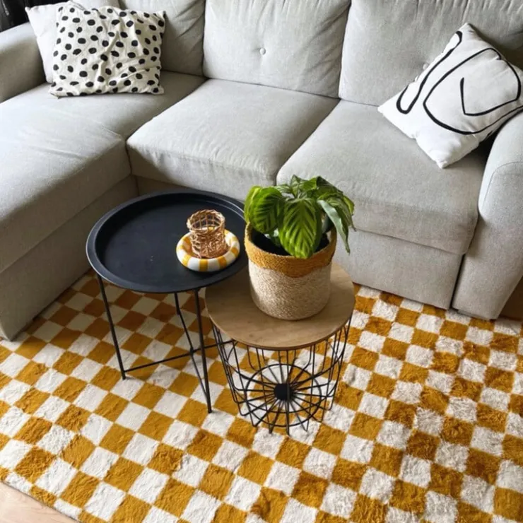 Xenos Vloerkleed checks - geel/wit - 120x180 cm- Vloerkleden