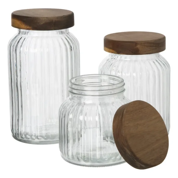 Xenos Voorraadpot ribbel met acacia deksel - ø11x12 cm- Voorraadpotten