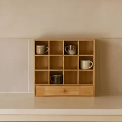 Xenos Wandkastje voor mokken met lade - bruin - 53x50x10 cm- Kerstcadeaus|Vakkenkasten
