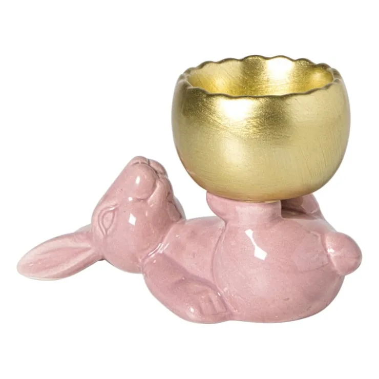 Xenos Waxinelichthouder haas - roze/goudkleurig - 8.5x13x6.5 cm- Waxinelichthouders