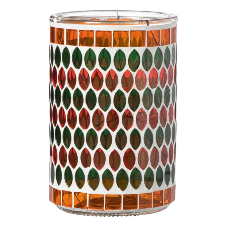 Xenos Waxinelichthouder mozaïek - oranje/groen - ø10x15 cm- Waxinelichthouders