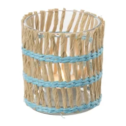 Xenos Waxinelichthouder riet - blauw - ø8x9 cm- Waxinelichthouders