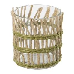 Xenos Waxinelichthouder riet - groen - ø8x9 cm- Waxinelichthouders