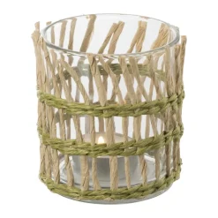 Xenos Waxinelichthouder riet - groen - ø8x9 cm- Waxinelichthouders