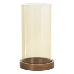 Xenos Windlicht glas en hout groot - beige/bruin - ø12x25 cm- Lantaarns