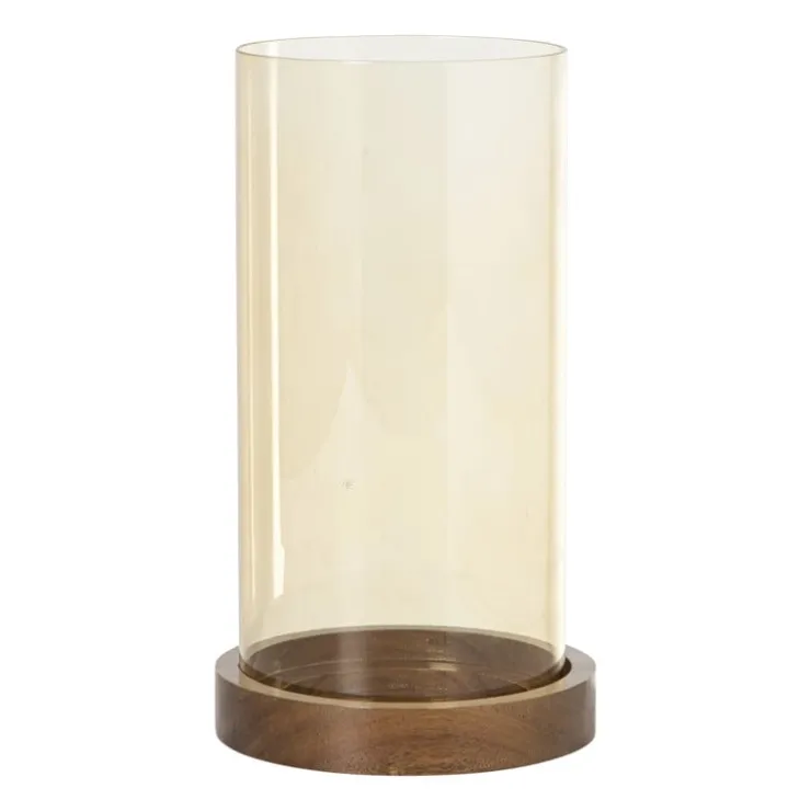 Xenos Windlicht glas en hout groot - beige/bruin - ø12x25 cm- Lantaarns
