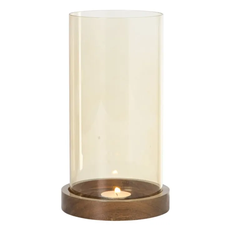 Xenos Windlicht glas en hout groot - beige/bruin - ø12x25 cm- Lantaarns