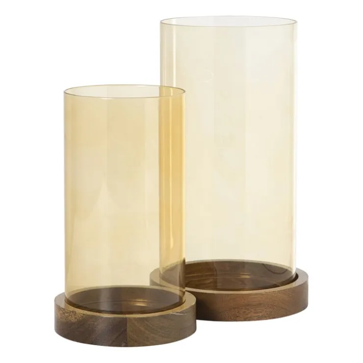 Xenos Windlicht glas en hout groot - beige/bruin - ø12x25 cm- Lantaarns