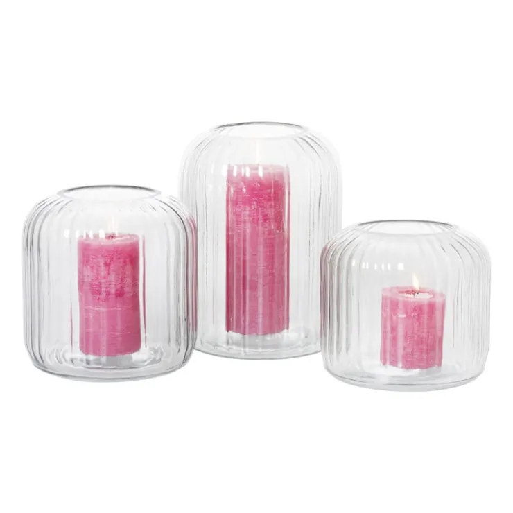 Xenos Windlicht ribbel middel - grijs - ø17.7x17.7 cm- Waxinelichthouders