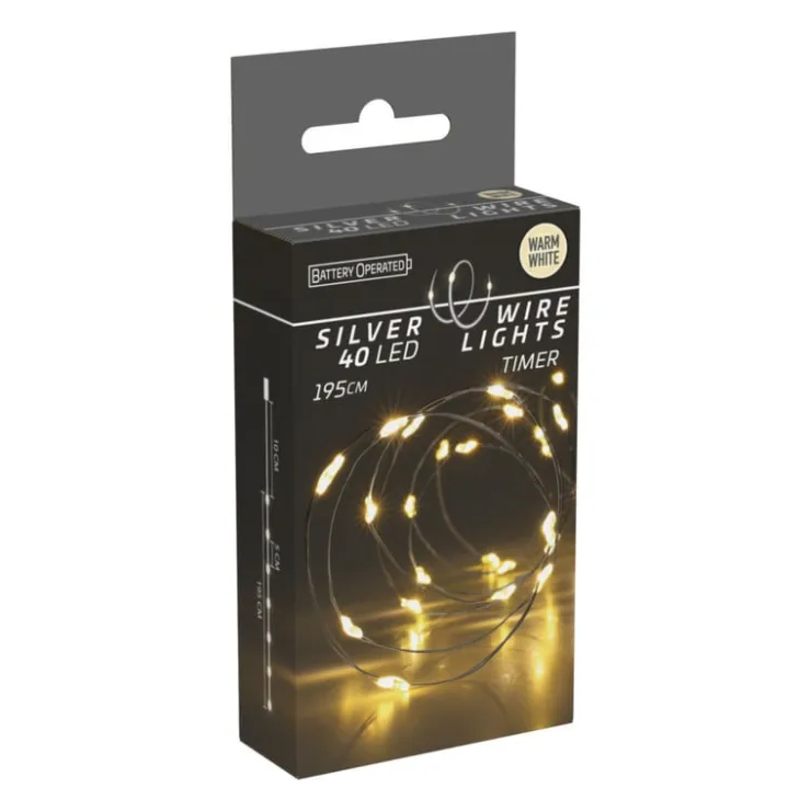Xenos Zilverdraad verlichting met 40 LED lampjes - warm wit - 1.95 meter- Kerstverlichting|Kerstboom Verlichting